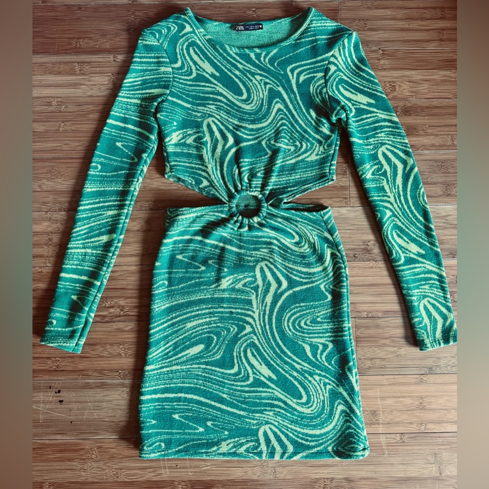 Zara Teal Swirl Cut-Out Long Sleeve Dress